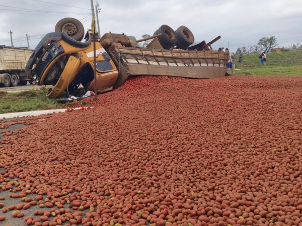 Caminhão carregado com tomates tomba após ficar sem freios